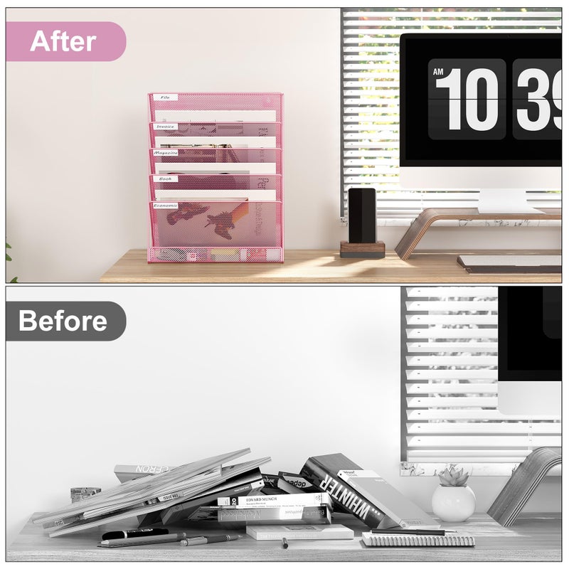 EasyPAG 5 Tier Wall File Holder, Mesh Hanging Folder Organizer with Classify Label, Versatile Desk File Holder, Vertical Wall Mounted Mail Organizer for Office Home Cubicle, Pink - Image 3